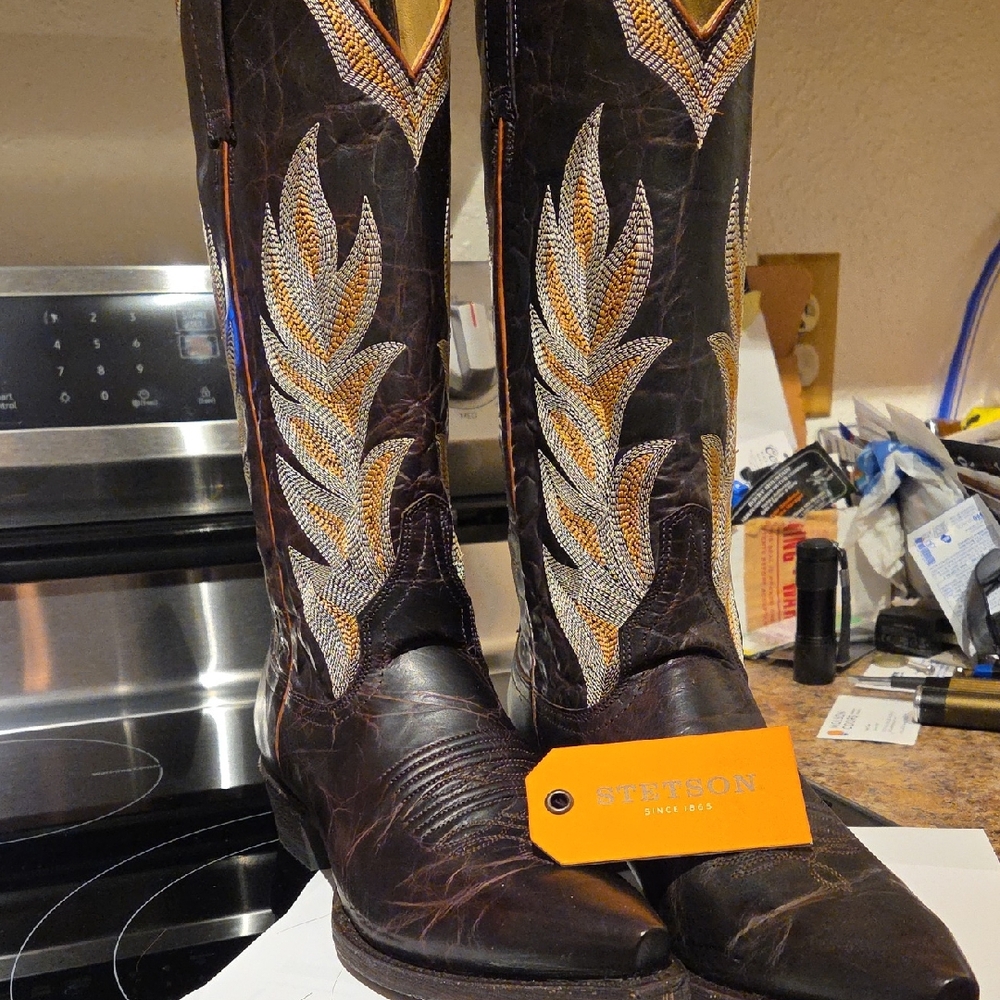 Stetson Dark Brown Leather Western Boots with White & Gold Embroidery